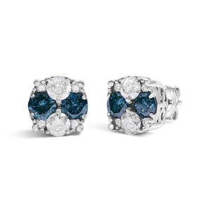 .925 Sterling Silver 2.0 Cttw Blue Diamond Composite Cluster Stud Earring-1