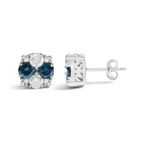 .925 Sterling Silver 2.0 Cttw Blue Diamond Composite Cluster Stud Earring