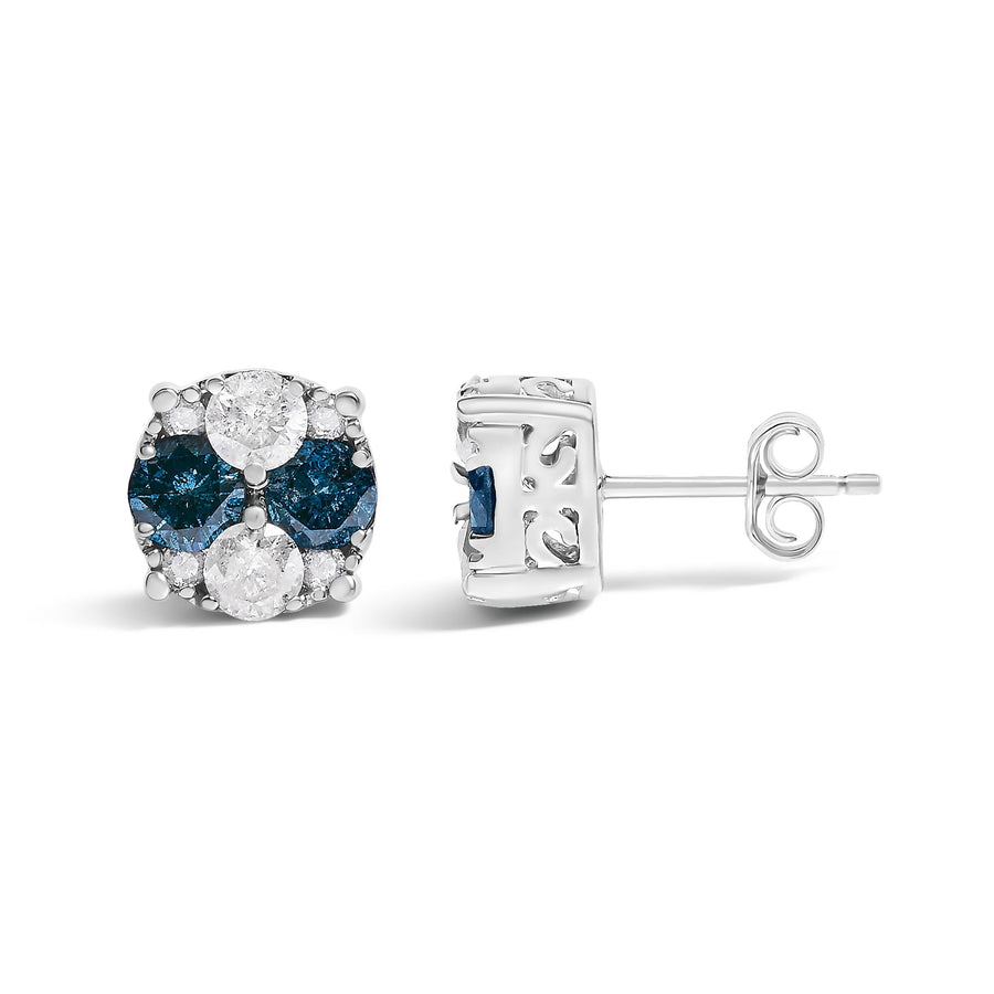.925 Sterling Silver 2.0 Cttw Blue Diamond Composite Cluster Stud Earring