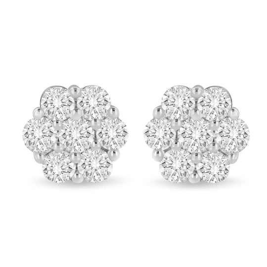 14K White Gold 3 cttw Prong Set Round-Cut Diamond Floral Cluster Stud Earring (I-J Color, SI1-SI2 Clarity)-0
