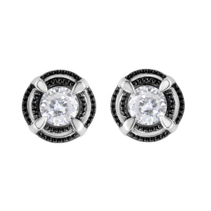 Black Rhodium Plated .925 Sterling Silver Round Diamond Double Halo 4-Prong Solitaire Milgrain Stud Earrings-1