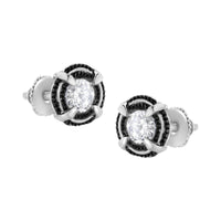 Black Rhodium Plated .925 Sterling Silver Round Diamond Double Halo 4-Prong Solitaire Milgrain Stud Earrings