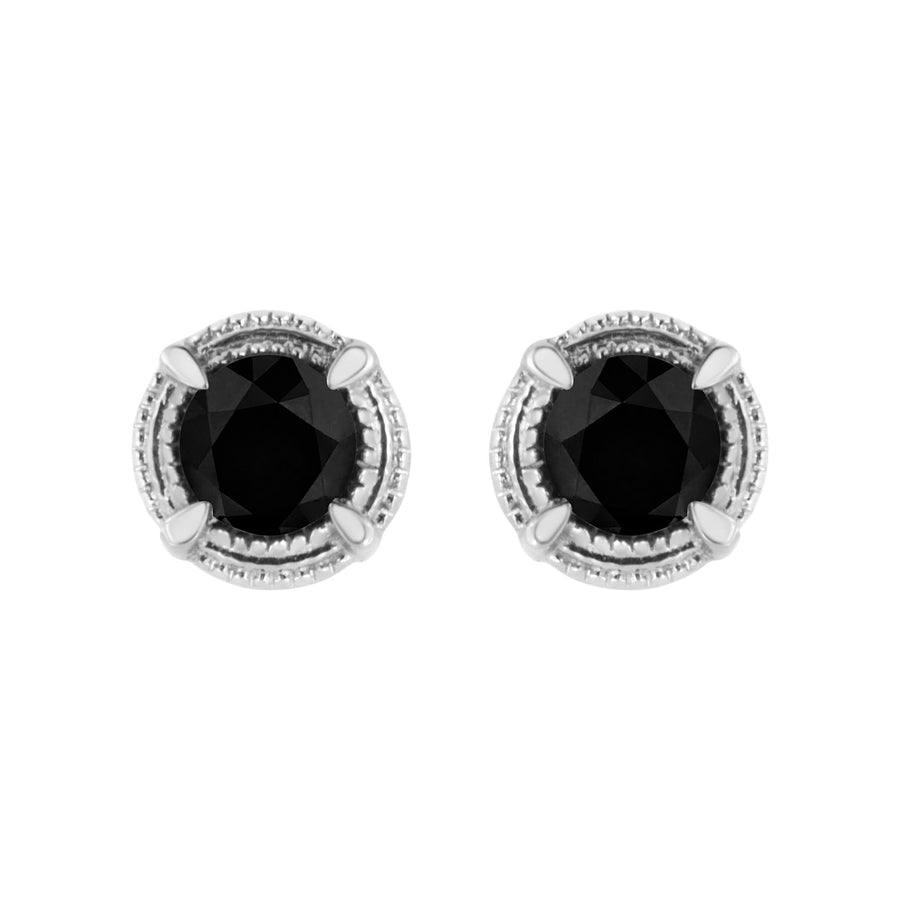 .925 Sterling Silver Treated Colored Diamond Modern 4-Prong Solitaire Milgrain Stud Earrings