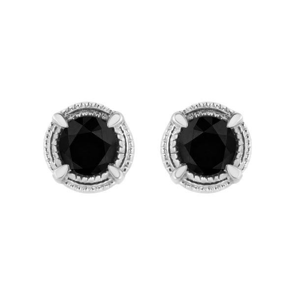 .925 Sterling Silver Treated Colored Diamond Modern 4-Prong Solitaire Milgrain Stud Earrings