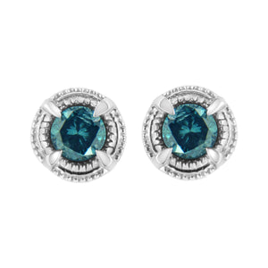 .925 Sterling Silver Treated Colored Diamond Modern 4-Prong Solitaire Milgrain Stud Earrings-10