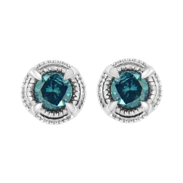 .925 Sterling Silver Treated Colored Diamond Modern 4-Prong Solitaire Milgrain Stud Earrings