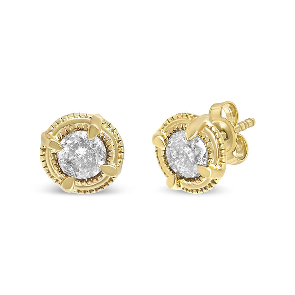 .925 Sterling Silver Round Brilliant Cut Diamond Solitaire Milgrain Stud Earrings