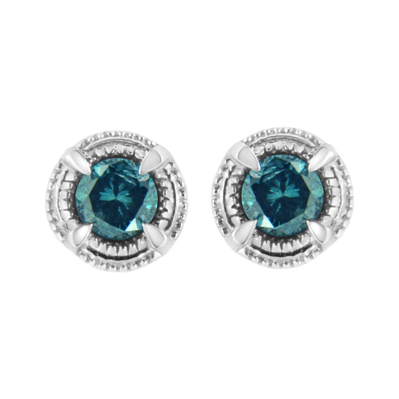 .925 Sterling Silver Treated Colored Diamond Modern 4-Prong Solitaire Milgrain Stud Earrings-7