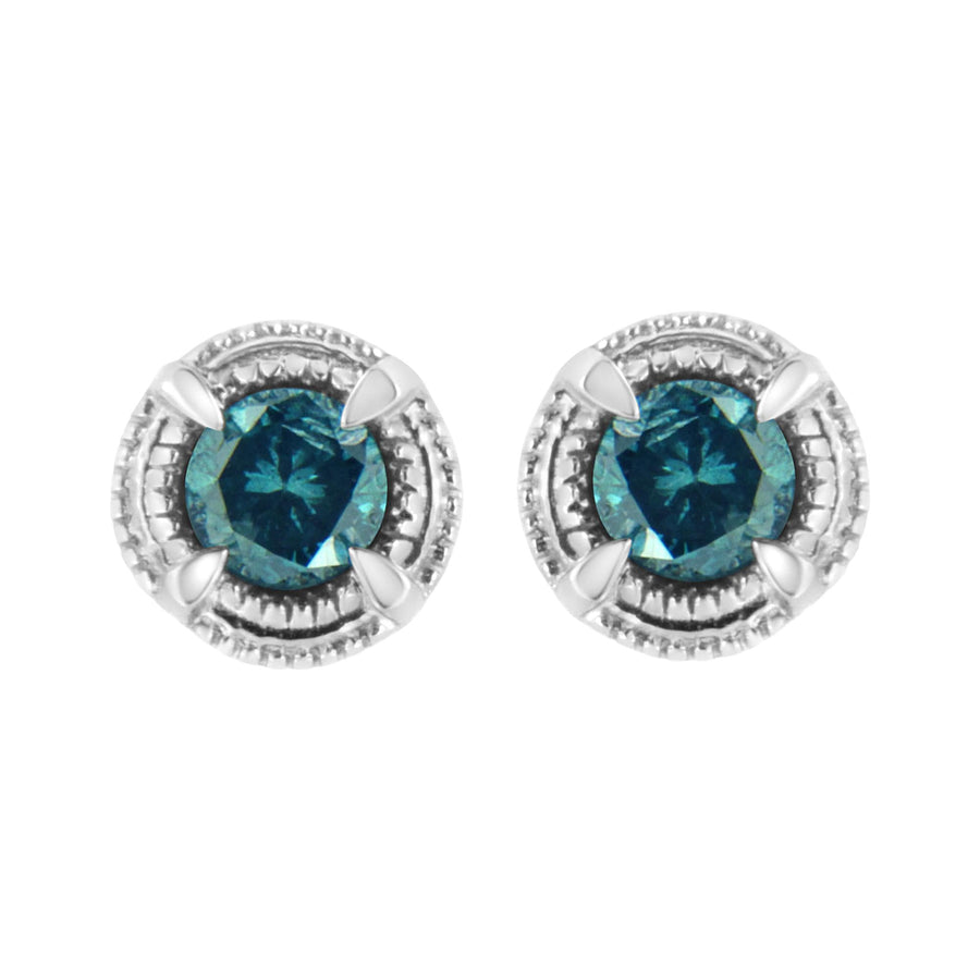 .925 Sterling Silver Treated Colored Diamond Modern 4-Prong Solitaire Milgrain Stud Earrings