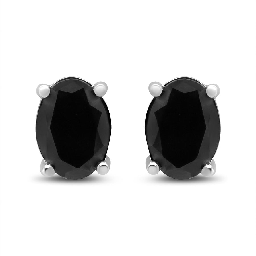 .925 Sterling Silver Prong Set Treated Black Oval Diamond Stud Earring (Black Color, I2-I3 Clarity)