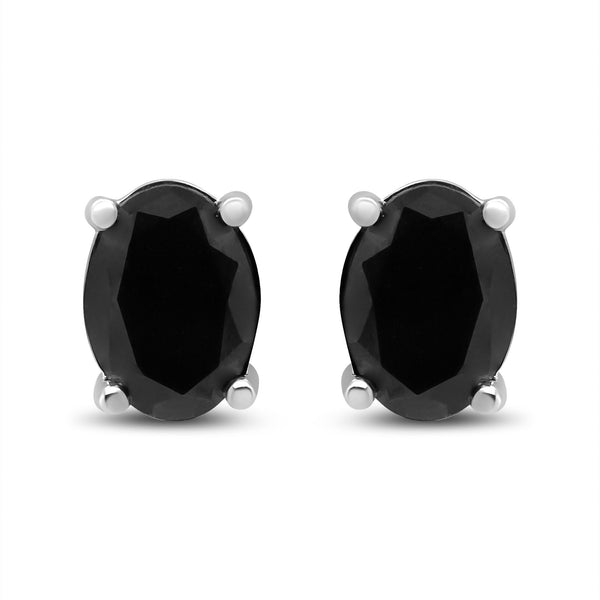 .925 Sterling Silver Prong Set Treated Black Oval Diamond Stud Earring (Black Color, I2-I3 Clarity)
