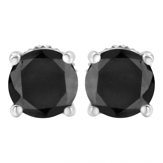 .925 Sterling Silver Round Brilliant-Cut Black Diamond Classic 4-Prong Stud Earrings with Screw Backs (Fancy Color-Enhanced, I2-I3 Clarity)-0