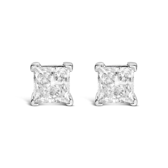 14K white gold earrings with 2 princess-cut diamond stones