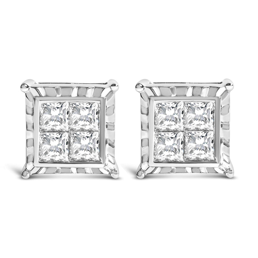 14K White Gold 1 1/2 Cttw Invisible Set Princess-Cut Diamond Contemporary Wavy Quad Stud Earrings (I-J Color, I1-I2 Clarity)