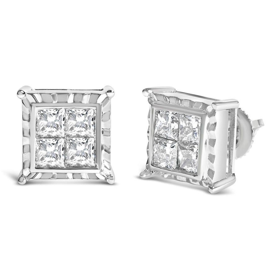 14K White Gold 2.00 Cttw Invisible Set Princess-Cut Lab Grown Diamond Wavy Quad Stud Earrings