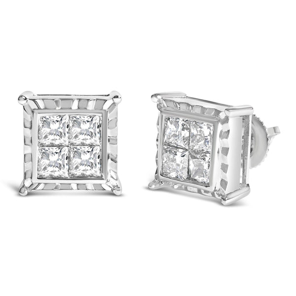 14K White Gold 2.00 Cttw Invisible Set Princess-Cut Lab Grown Diamond Wavy Quad Stud Earrings