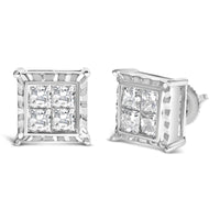 14K White Gold 1 1/2 Cttw Invisible Set Princess-Cut Diamond Contemporary Wavy Quad Stud Earrings (I-J Color, I1-I2 Clarity)