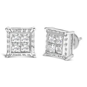 14K White Gold 1 1/2 Cttw Invisible Set Princess-Cut Diamond Contemporary Wavy Quad Stud Earrings (I-J Color, I1-I2 Clarity)-1