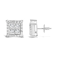 14K White Gold 1 1/2 Cttw Invisible Set Princess-Cut Diamond Contemporary Wavy Quad Stud Earrings (I-J Color, I1-I2 Clarity)