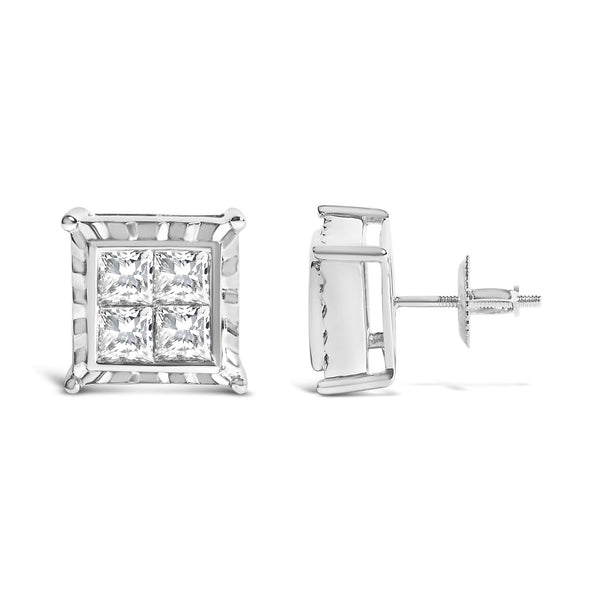 14K White Gold 1 1/2 Cttw Invisible Set Princess-Cut Diamond Contemporary Wavy Quad Stud Earrings (I-J Color, I1-I2 Clarity)