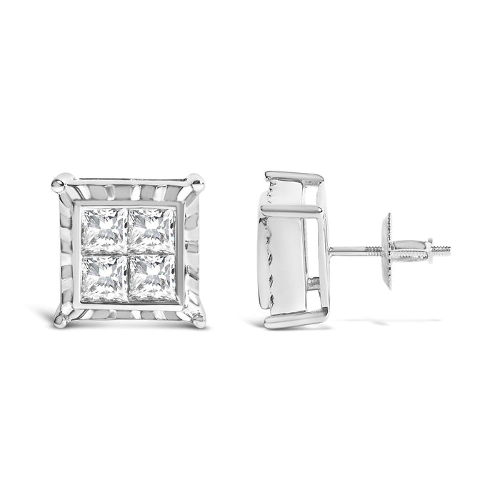14K White Gold 1 1/2 Cttw Invisible Set Princess-Cut Diamond Contemporary Wavy Quad Stud Earrings (I-J Color, I1-I2 Clarity)