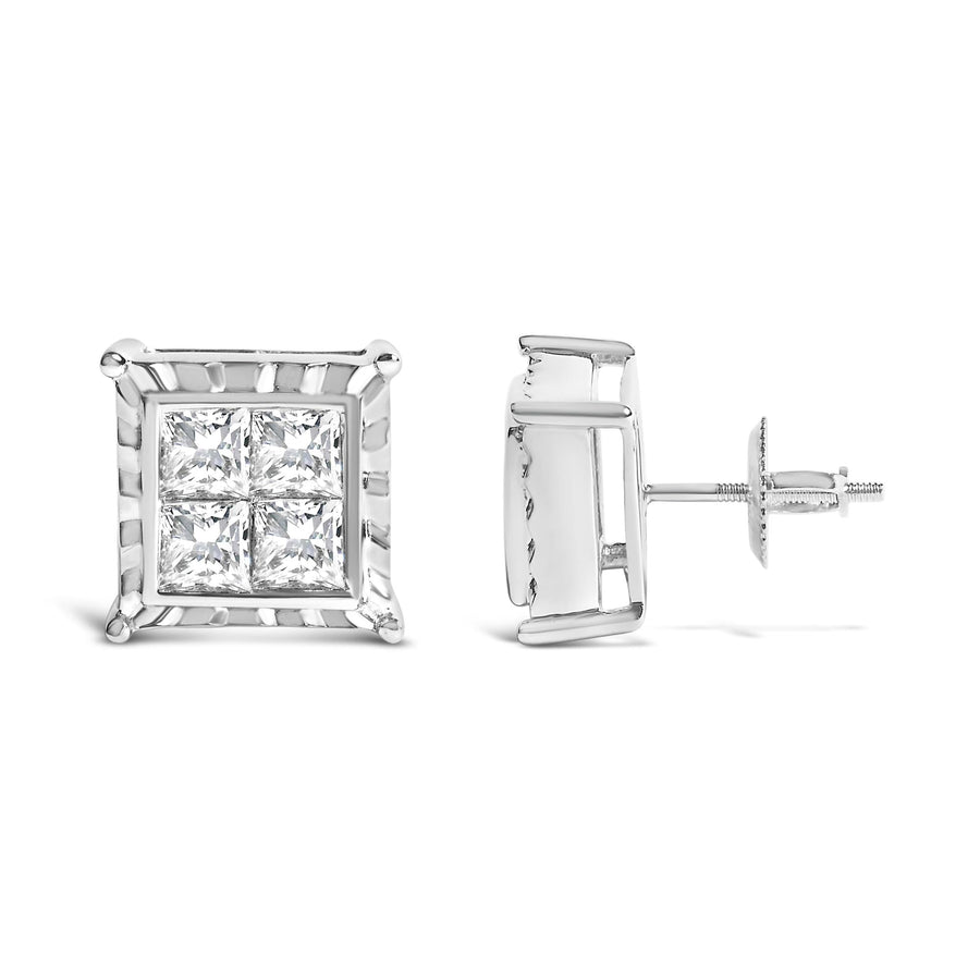 14K White Gold 1 1/2 Cttw Invisible Set Princess-Cut Diamond Contemporary Wavy Quad Stud Earrings (I-J Color, I1-I2 Clarity)