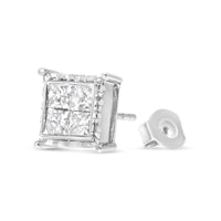 14K White Gold 2.00 Cttw Invisible Set Princess-Cut Lab Grown Diamond Wavy Quad Stud Earrings