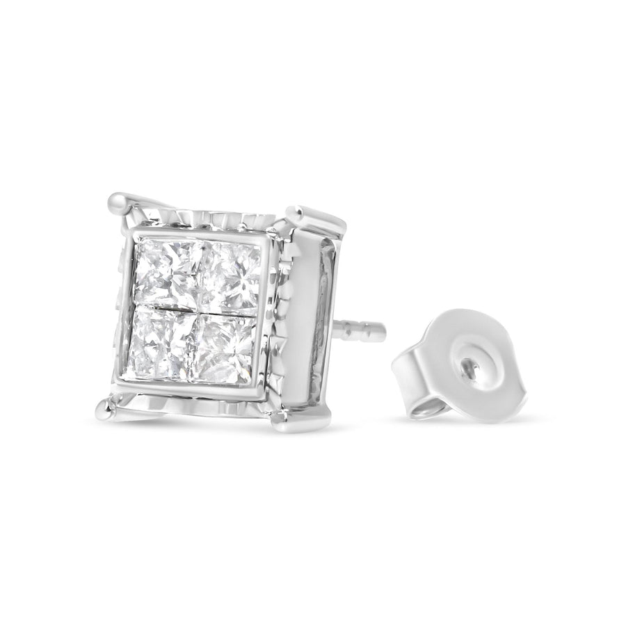 14K White Gold 2.00 Cttw Invisible Set Princess-Cut Lab Grown Diamond Wavy Quad Stud Earrings
