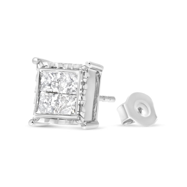 14K White Gold 2.00 Cttw Invisible Set Princess-Cut Lab Grown Diamond Wavy Quad Stud Earrings