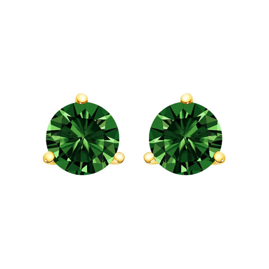 14K gold stud earrings with green diamond stones in 3-prong martini settings