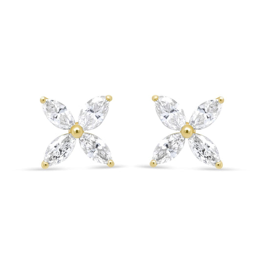 14K Gold Marquise Diamond 8 Stone Floral Leaf Stud Earrings (I-J Color, SI2-I1 Clarity)-0
