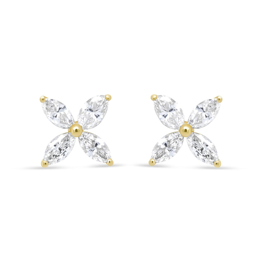 14K Gold Marquise Diamond 8 Stone Floral Leaf Stud Earrings (I-J Color, SI2-I1 Clarity)