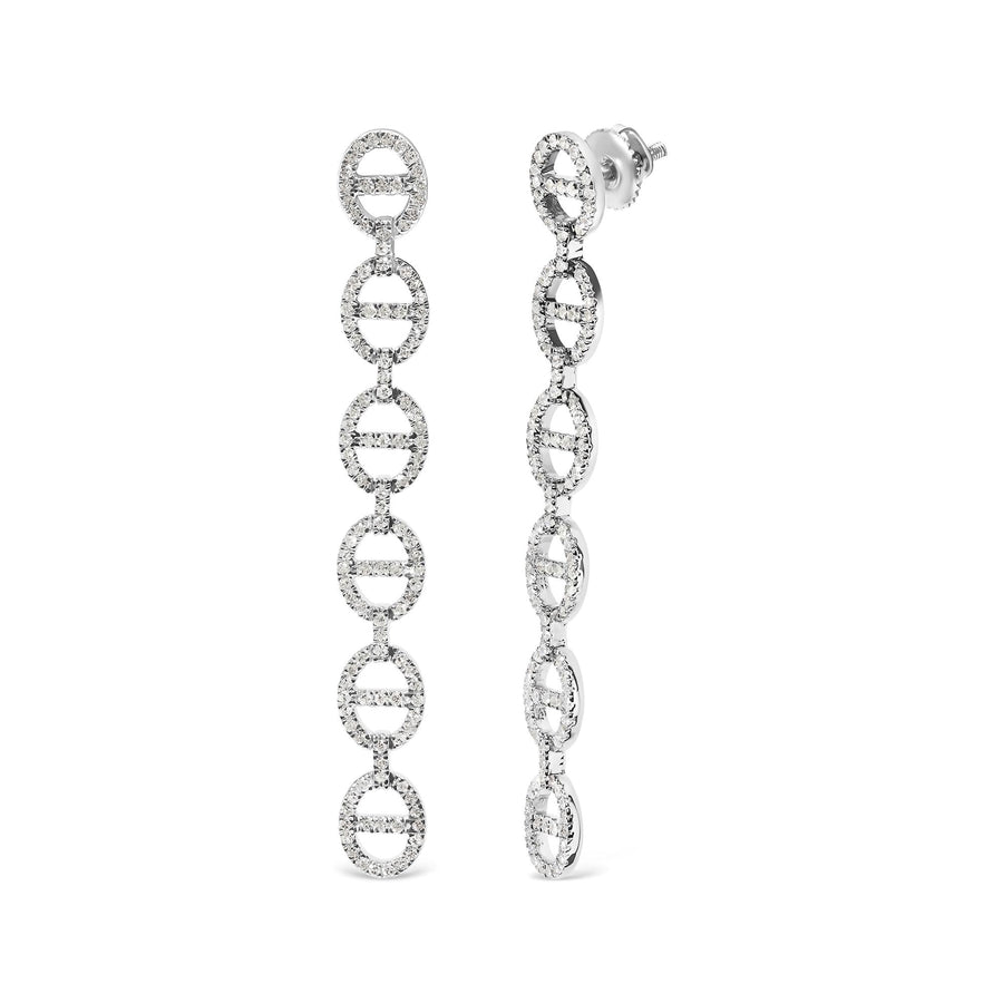 Sterling Silver 1.0 Cttw Diamond Oval Design Dangle Earrings