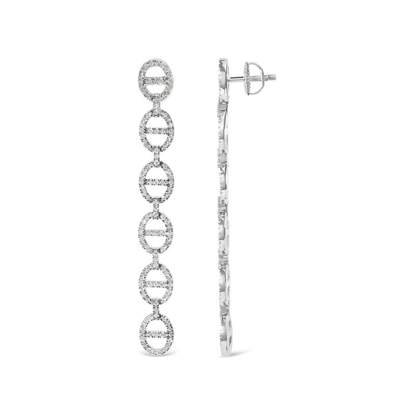 Sterling Silver 1.0 Cttw Diamond Oval Design Dangle Earrings