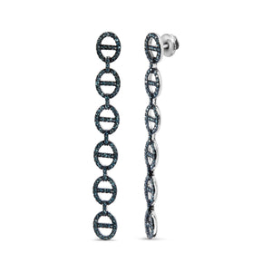 Sterling Silver 1.0 Cttw Blue Diamond Linked Circle Drop Earrings-1