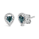 Sterling Silver 1/2 Cttw Blue and White Diamond Pear Shape Halo Stud Earrings-1 thumbnail 2