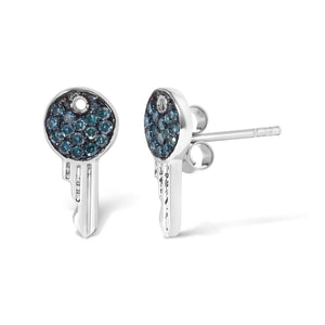 Sterling Silver 1/6 Cttw Blue Diamond Key Motif Stud Earrings-1