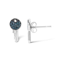 Sterling Silver 1/6 Cttw Blue Diamond Key Motif Stud Earrings