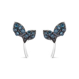 925 sterling silver leaf stud earrings with blue treated diamond accent stones thumbnail 1