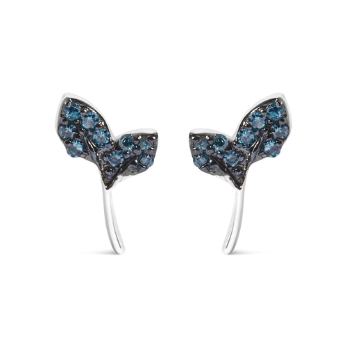 Sterling Silver Blue Treated Diamond Accent Leaf Stud Earrings