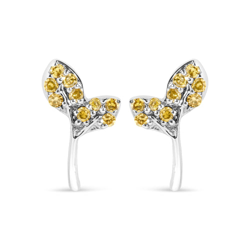 925 Sterling Silver 1/16ct TDW  Yellow Treated Diamond Leaf Earrings
