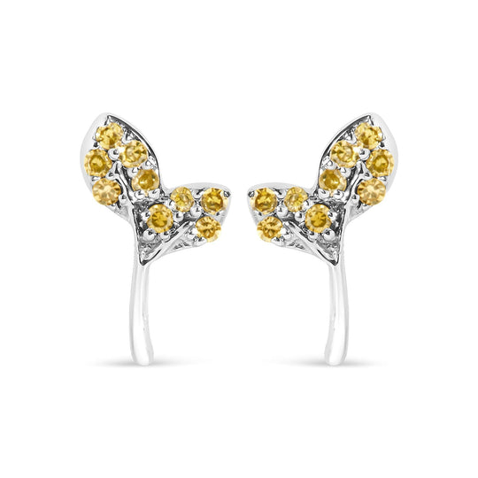 925 Sterling Silver 1/16ct TDW  Yellow Treated Diamond Leaf Earrings-0