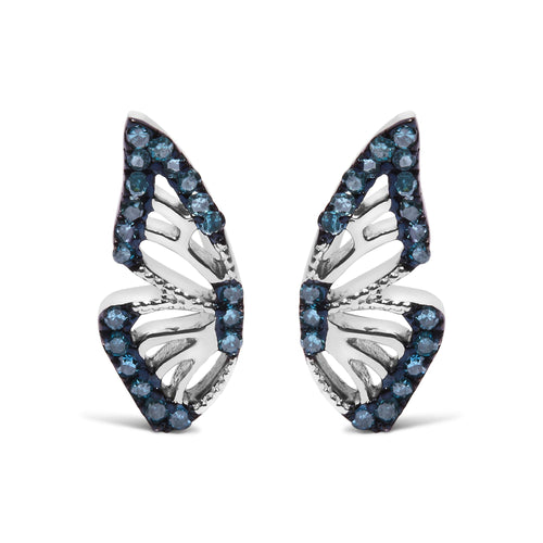 Sterling Silver 1/6 Cttw Blue Treated Diamond Butterfly Stud Earrings
