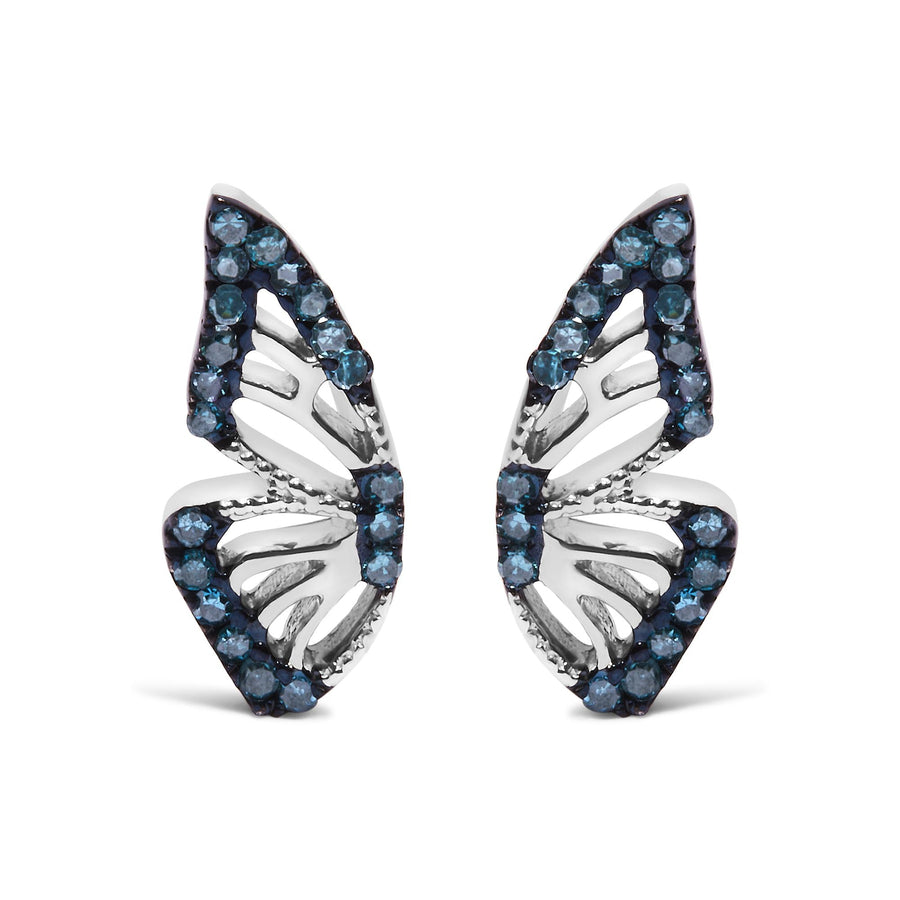 Sterling Silver 1/6 Cttw Blue Treated Diamond Butterfly Stud Earrings