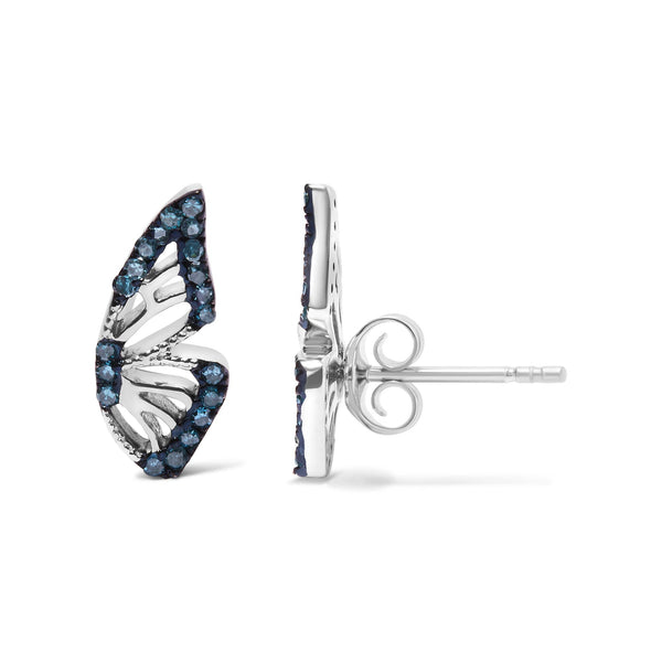 Sterling Silver 1/6 Cttw Blue Treated Diamond Butterfly Stud Earrings