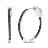 .925 Sterling Silver 1/3 Cttw Inside Out Blue Treated Diamond 1MM Wide Hoop Earrings (Blue Color, I2-I3 Clarity)-1 thumbnail 2