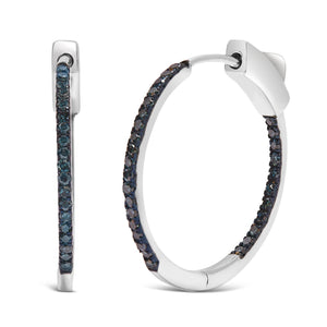 .925 Sterling Silver 1/3 Cttw Inside Out Blue Treated Diamond 1MM Wide Hoop Earrings (Blue Color, I2-I3 Clarity)-1