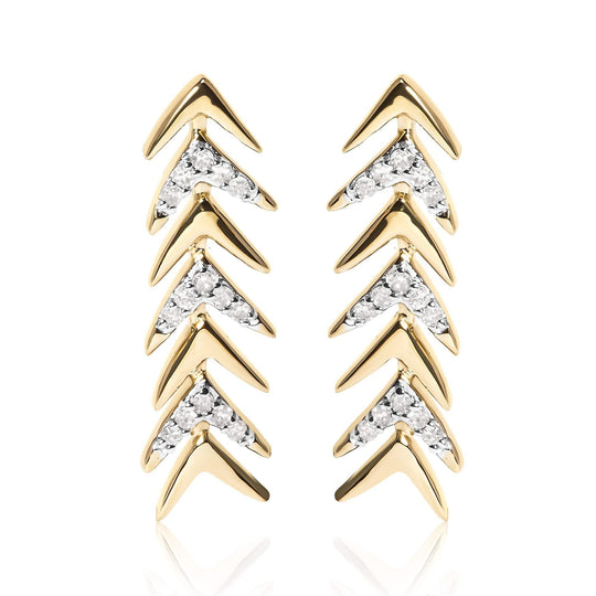 18K yellow gold chevron arrow stud earrings with pave diamond accent stones