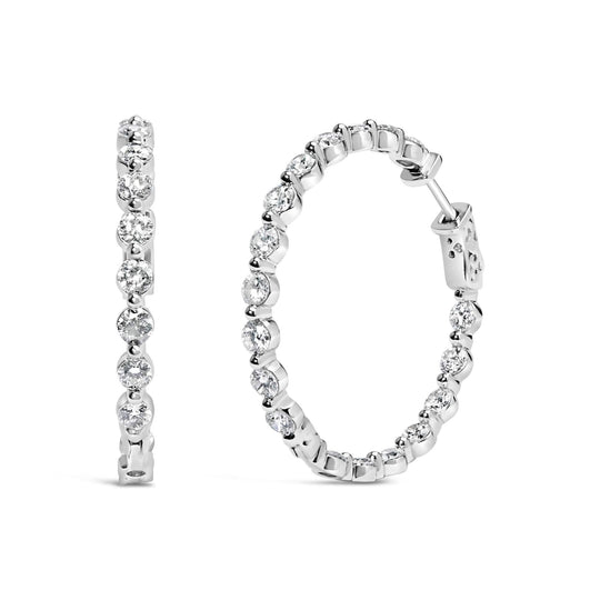14K white gold hoop earrings with round lab grown diamond stones inside and out