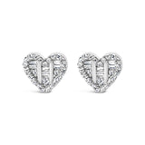 925 sterling silver studs with round and baguette diamond composite hearts thumbnail 1